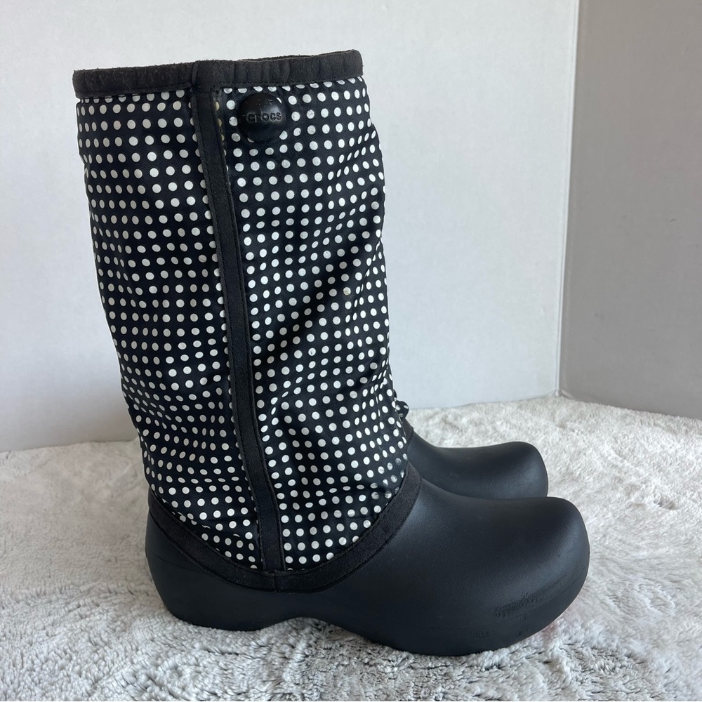 Crocs Claire Black Polka Dot Mid-Calf Pull On Snow Winter Boots